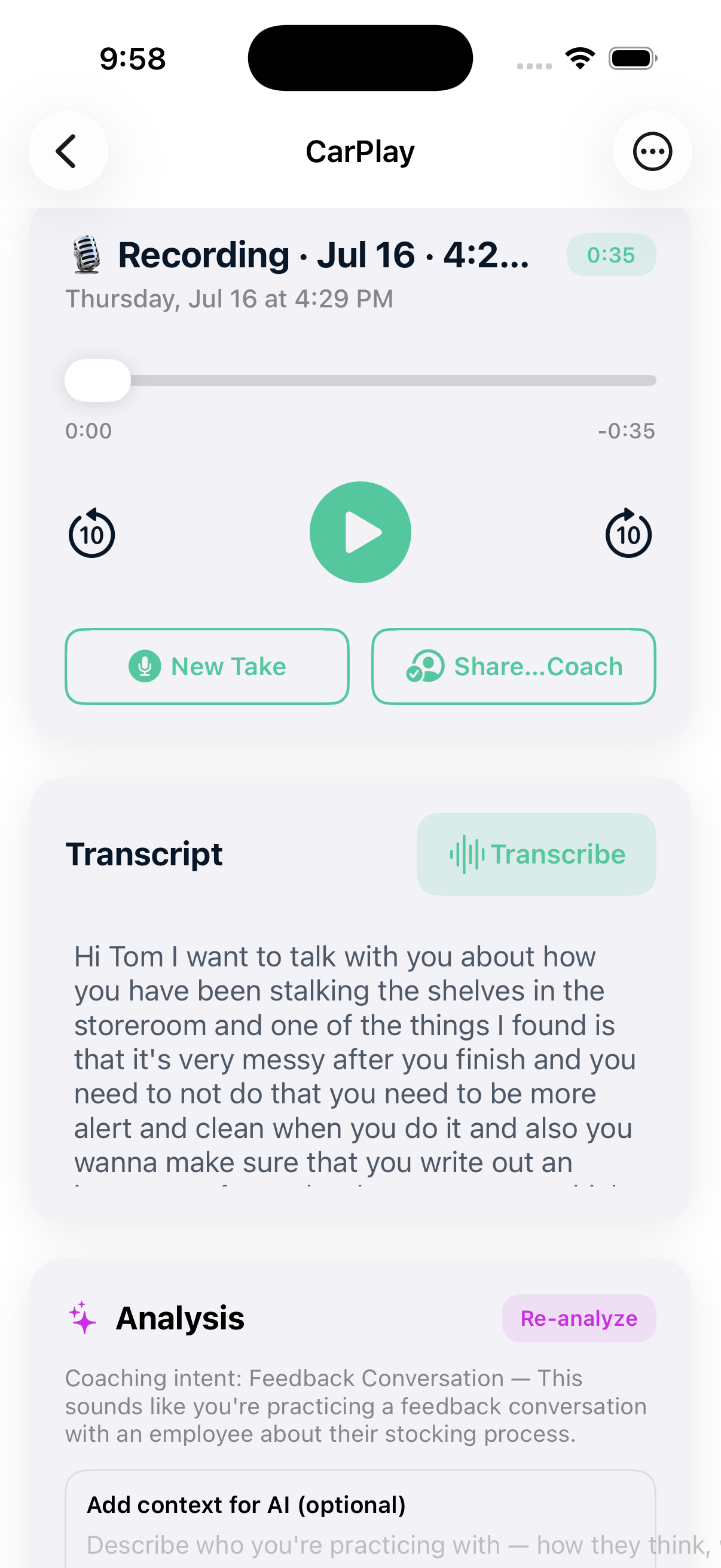 Playback transcript and AI analysis
